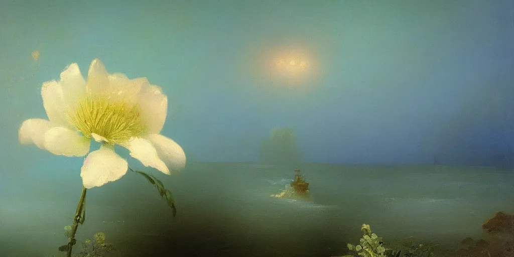 Image similar to a beautiful turquoise flower, the background is blurred, the light comes from behind, in the style of Aivazovsky's paintings, luxury, high quality, realism, golden ratio