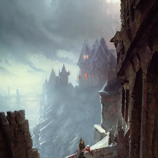 Image similar to portrait of a rogue, dungeons and dragons character, castle background, gorgeous view, depth, high detail, digital art, painted by greg rutkowski, painted by seb mckinnon, painted by jeremy mann, trending on artstation
