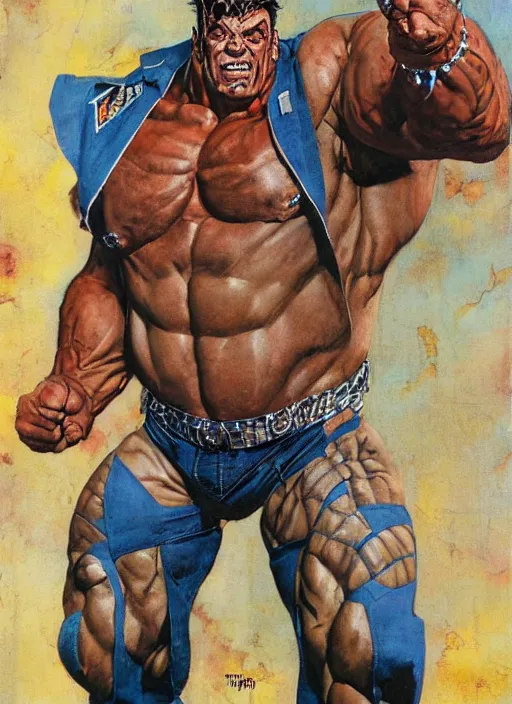 Image similar to full body and head portrait of huge rich piana in tattered superhero costume, dynamic action, painted by norman rockwell and phil hale and greg staples and tom lovell and frank schoonover and jack kirby