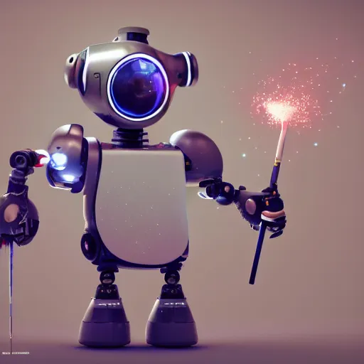 Image similar to cute robot with multiple big paintbrushes, painting a canvas, cute, galaxy, photorealism 4 k, octane render, clean design, beautiful light