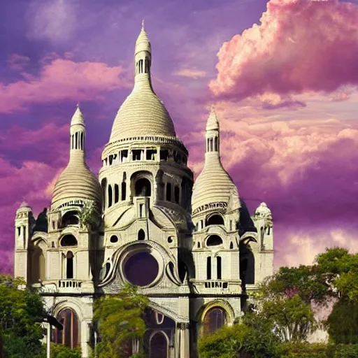 Image similar to abandoned Basilica of Sacré Coeur de Montmartre, toxic orange and pink clouds strain the sunlight, stark contrasting lighting, contrejour, a two-headed mutated deer-like creature looks on in the distance from the sparse twisted silhouetted foliage, a highly detailed colorful matte painting by Scott Listfield and Mikko Lagerstedt, featured on Artstation, Unreal Render, 8k HDR, fisheye