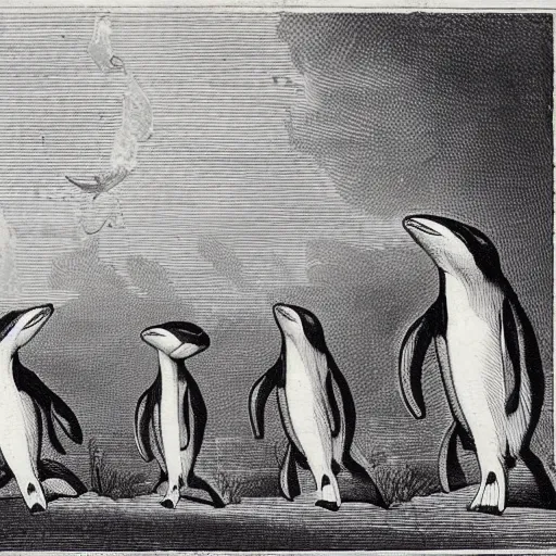 Prompt: orcas wearing fancy clothes, walking in London, engraving from 1700s