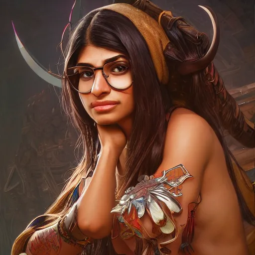 Image similar to mia khalifa fantasy warrior, intricate, highly detailed, digital painting, artstation, concept art, smooth, sharp focus, illustration, unreal engine 5, 8 k, art by artgerm and greg rutkowski and alphonse mucha