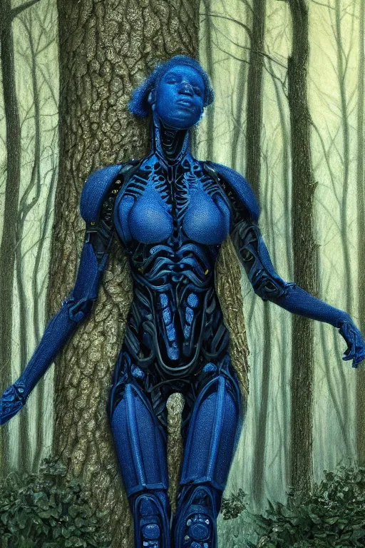 Prompt: hyperrealistic concept art very beautiful! black woman with detailed exoskeleton armor, touching tree in a forest, brad kunkle elson peter, dramatic blue light low angle hd 8k sharp focus