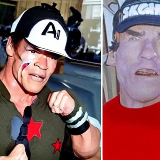 Image similar to Arnold Schwarzenegger dressed up as Ash Ketchum, sceme from the film Pokemon Terminator Trainer