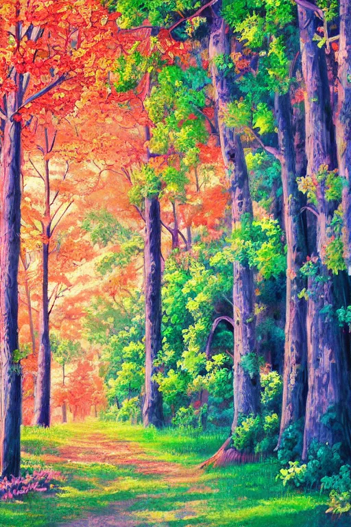 Image similar to a detailed painting in the style of anime of a colorful forest