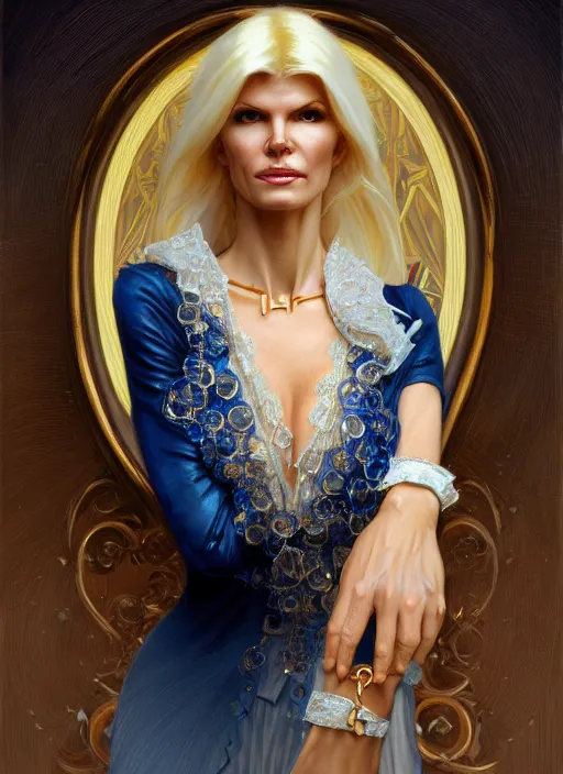 Prompt: portrait of victoria silvstedt as a lady, collar and leash, jewelry, greek, sapphire, intricate, headshot, highly detailed, digital painting, artstation, concept art, sharp focus, cinematic lighting, illustration, art by artgerm and greg rutkowski, alphonse mucha, cgsociety