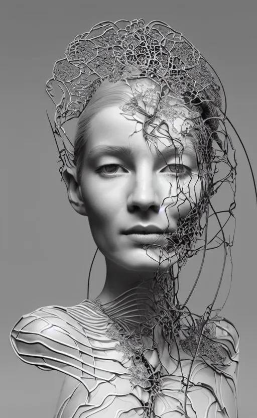 Prompt: complex 3d render ultra detailed of a beautiful porcelain profile woman face, hazel eyes, vegetal dragon cyborg, 150 mm, beautiful natural soft light, rim light, silver black details, roots, fine lace, maze like, mandelbot fractal, magnolia big yellow infrared leaves and stems, smoke, anatomical, facial muscles, cable wires, microchip, elegant, white metallic armor, octane render, black and white, H.R. Giger style