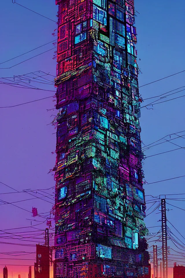 Image similar to cyberpunk tower made out of billions of stacked computer screens by simon stalenhag and dan mumford