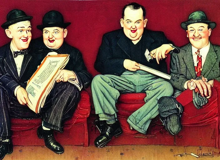 Image similar to “ painting of stan laurel and oliver hardy, by norman rockwell and robert crumb, coloured ”