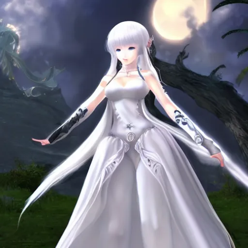 Prompt: goddess, pale, holy, gorgeous, white dress, high fantasy, Blade and Soul