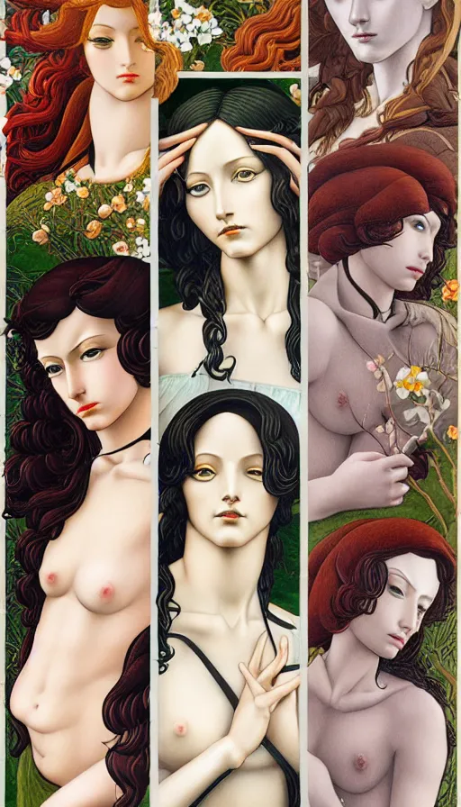 Image similar to 12 figures, representing the 4 seasons, (3 as Spring, 3 as Summer, 3 as Autumn, and 3 as Winter), in a mixed style of Botticelli and Æon Flux, inspired by pre-raphaelite paintings, shoujo manga, and cyberpunk, stunningly detailed, elaborate inking lines, pastel colors, 4K photorealistic