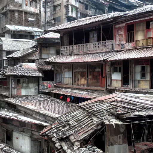 Prompt: Kowloon Walled City in the walls of glacial cavern, snowing, favela, slum