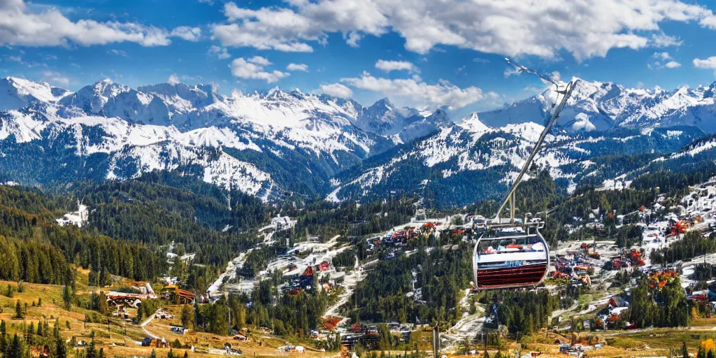 Prompt: ski lifts, mountains and ski resort at background, clear weather, artistic style, 8 k