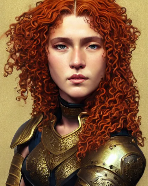 Prompt: Hyper realistic portrait of a strong female fighter with beautiful curly shiny copper hair and broad shoulders, she is from Troy and wears a golden armor, high contrast, artwork in the style of Alphones Mucha and Takumi Nagayasu and Dan Dos Santos, trending on artstation