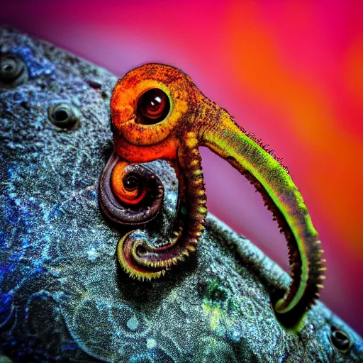 Image similar to fiery whimsical emotional eyes cephalopod, in a photorealistic macro photograph with shallow dof, in the deepest seas of the unconscious psyche