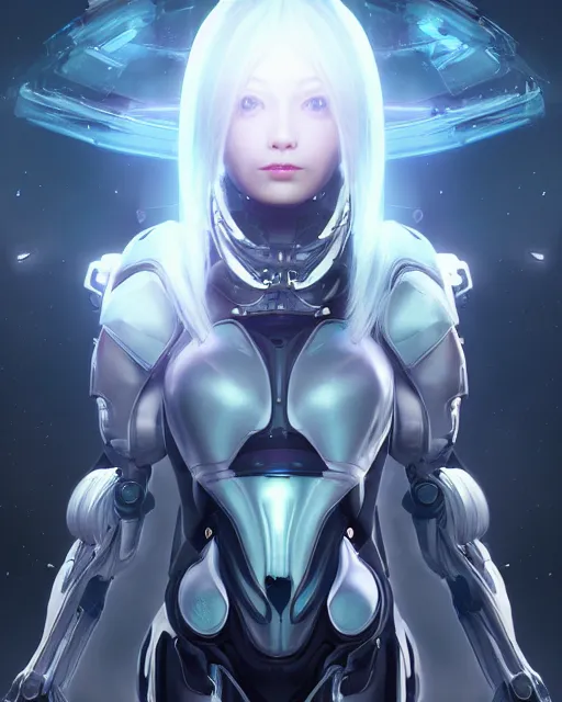 Image similar to perfect android girl on a mothership, warframe armor, beautiful face, scifi, futuristic, galaxy, nebula, raytracing, dreamy, long white hair, blue cyborg eyes, sharp focus, cinematic lighting, highly detailed, artstation, divine, by gauthier leblanc, kazuya takahashi, huifeng huang