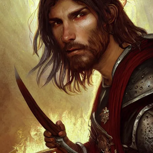 Prompt: male latino beautiful medieval cleric druid, firemagic, fire spell, athletic, Dark Souls character, highly detailed, digital fantasy character, painted portrait, artstation, concept art, hard focus, illustration, art by artgerm and greg rutkowski and Alphonse Mucha and Craig Mullins, James Jean, Andrey Ryabovichev, Mark Simonetti and Peter Morbacher 16k