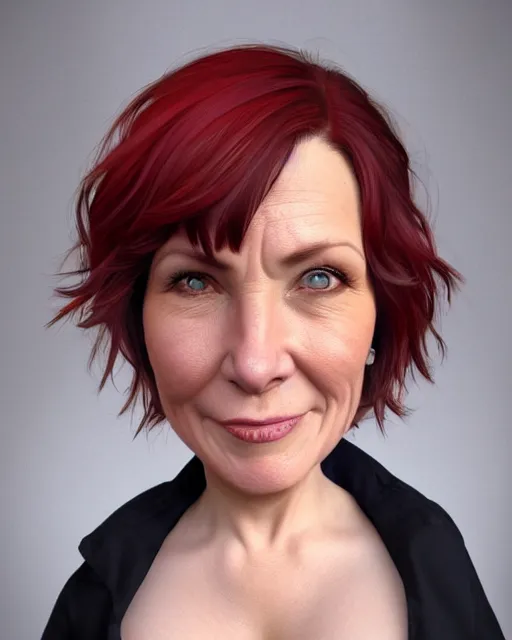 Prompt: portrait of happy short and plump 5 0 - year - old woman with red hair and, kind face, short hair, wearing in blouse, hyper realistic face, beautiful eyes, character art, art by mark brooks, hyperdetailed, cryengine, trending on artstation, digital art