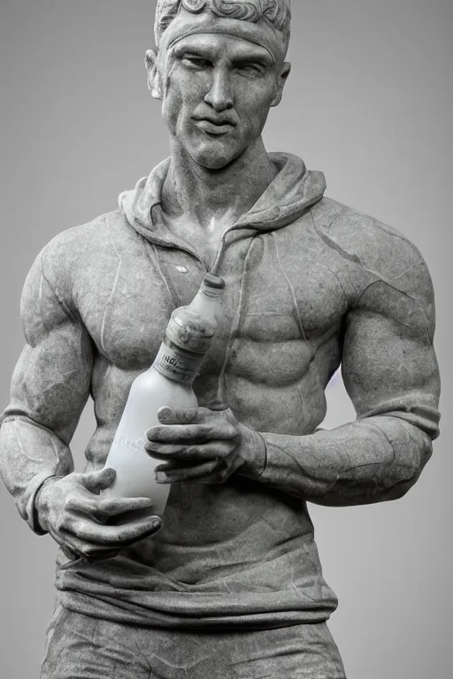 Prompt: marble sculpture of man in Adidas winter jacket sportswear holding a marble bottle of vodka, intricate sculpture, chiseled muscles, godlike, museum photo