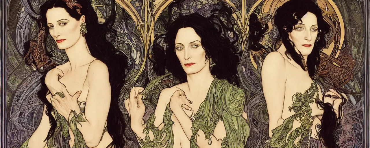 Image similar to stunning hyperdetailed art nouveau portrait of the eva green anjelica huston and morticia addams as the mythological 3 witches, by chris achilleos, michael kaluta and alphonse mucha, photorealism, extremely beautiful, perfect symmetrical facial features, perfect anatomy, strong confident eyes, eldritch powers, witchcraft, magic energy