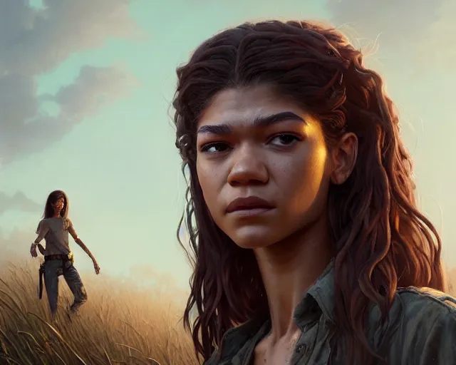 Image similar to highly detailed portrait of zendaya in the walking dead, stephen bliss, unreal engine, fantasy art by greg rutkowski, loish, rhads, ferdinand knab, makoto shinkai and lois van baarle, ilya kuvshinov, rossdraws, tom bagshaw, global illumination, radiant light, detailed and intricate environment