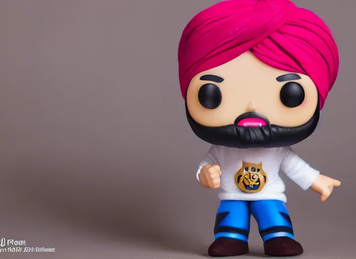 Image similar to photo still of a funko pop wearing a turban, 8 k, studio lighting bright ambient lighting key light, 8 5 mm f 1. 8
