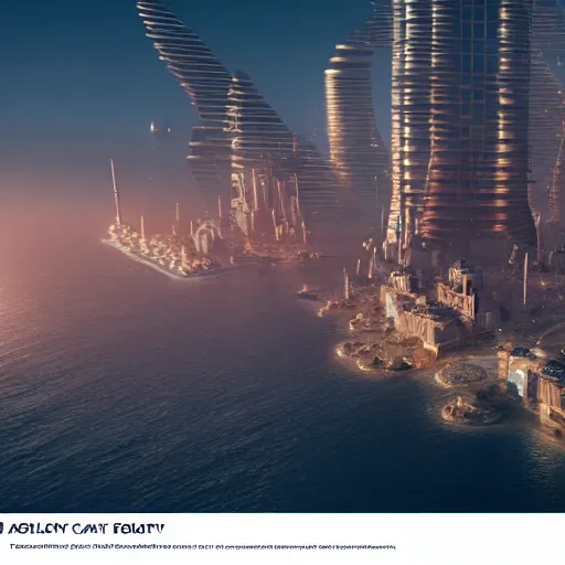 Image similar to a golden fantasy sci - fi luxurious city with cerulean oceansides, scandinavian / norse influenced, cinematic, ray traced, octane render, cinematic lighting, ultrarealistic, featured on artstation, 8 k uhd artwork