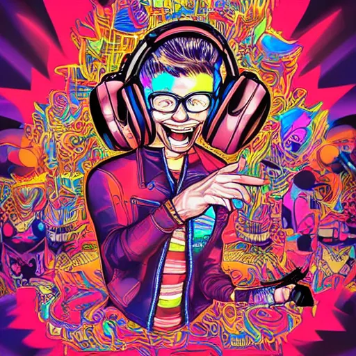 Image similar to artgerm, psychedelic laughing cybertronic waldo, rocking out, headphones dj rave, digital artwork, r. crumb, svg vector