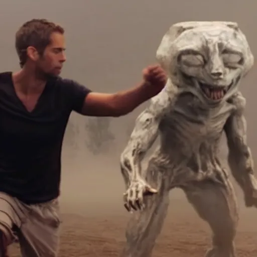 Image similar to a creepy monstrous skinwalker fights paul walker, professional photography
