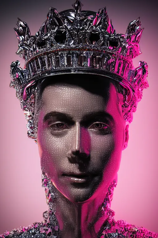 Image similar to hyper detailed ultra sharp portrait of baroque and bladerunner delicate glowing diamond sculpture of seductive muscular albino young king jose garcia, pink diamond black metallic sphinx iridescent humanoid deity wearing black cloak holding a prismatic gem, glowing pink face, crown of white diamonds, cinematic lighting, photorealistic, octane render 8 k depth of field 3 d