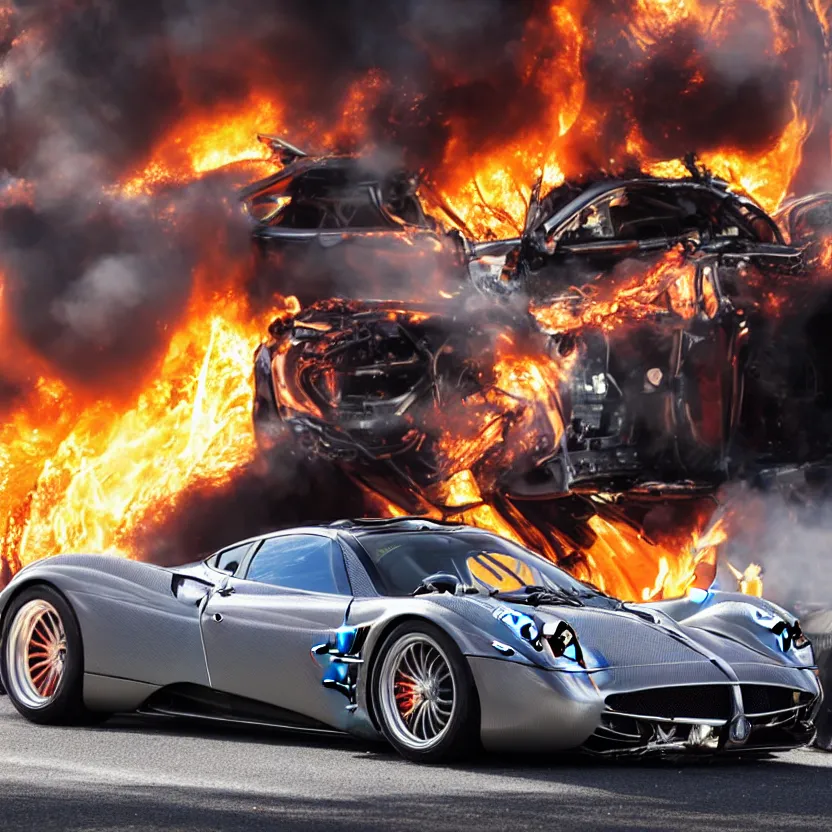 Image similar to close - up of a chrome pagani huayra on fire after a big crash, 8 k, highly detailed, realistic