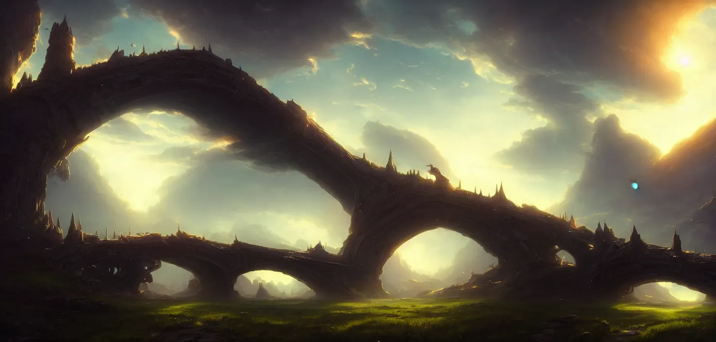 Prompt: fantasy bridge in the space, cinematic view, epic sky, detailed, concept art, low angle, high detail, warm lighting, volumetric, godrays, vivid, beautiful, trending on artstation, by jordan grimmer, huge scene, grass, art greg rutkowski