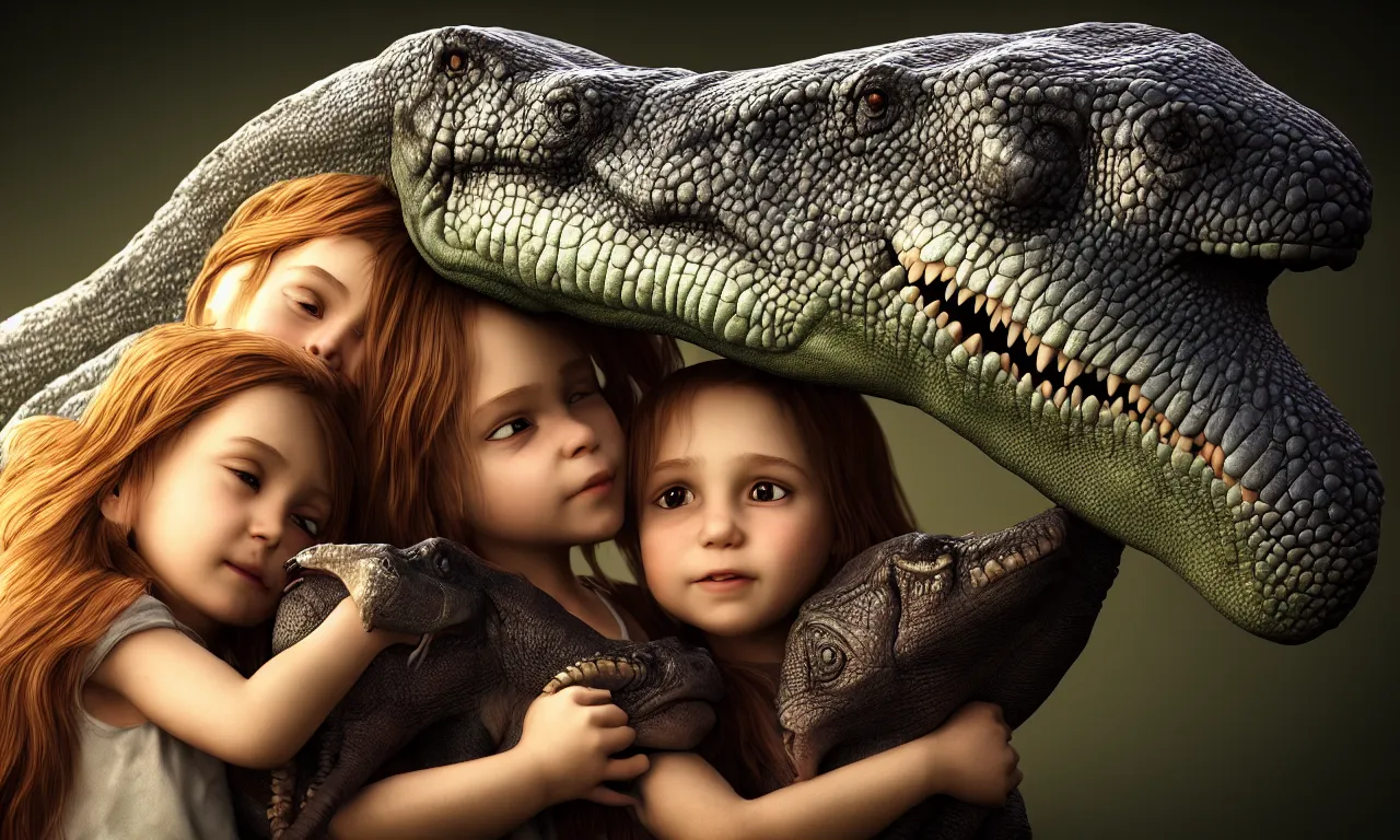 Image similar to portrait of a little girl cuddling with her beloved tyrannosaurus, very high detail, raytracing, back light, raymarching, by ilm, by digital domain, by weta digital