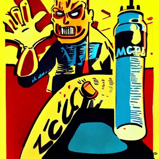 Image similar to the terminator works at McDonalds, painting by Steve Ditko