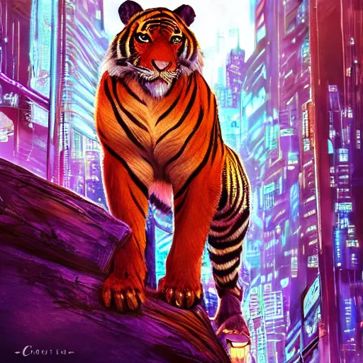 Image similar to a beautfiul award winning commission portrait of an anthro tiger in the neon cyberpunk city at night,wearing a leather jacket,glow effect,detailed face,photorealistic,character design by charles bowater,ross tran,deviantart,artstation,digital art,hyperdetailed,realistoc,western comic style,vfx,dramatic