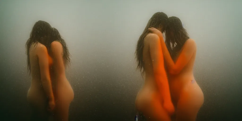 Image similar to a blurry closeup picture of gorgeous human bodies intertwined, female bodies, dripping wet, macro photography, long exposure photograph, surrealism, anamorphic bokeh, cozy, soft light, cyan and orange, caustic, atmospheric fog, octane render, cinematic