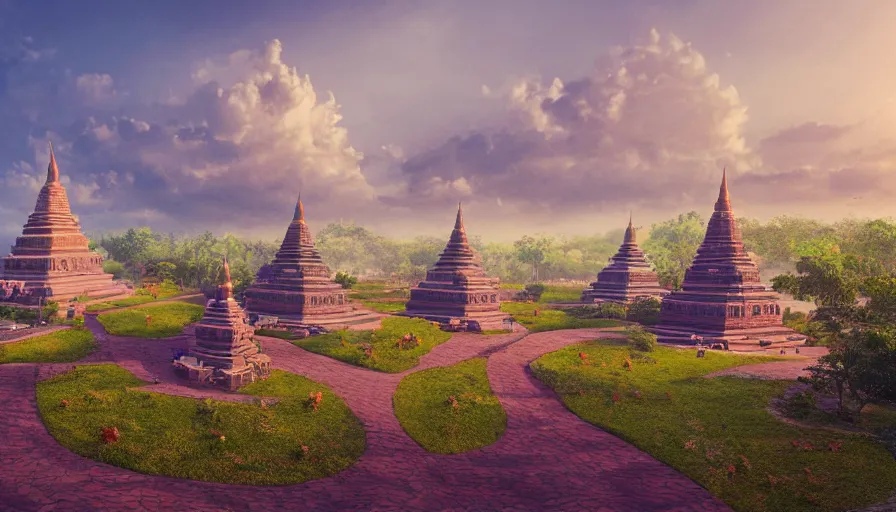 Image similar to matte painting of a beautiful mon - dvaravati village and buddhist temple and stupa made by brick, digital art, trending on artstation