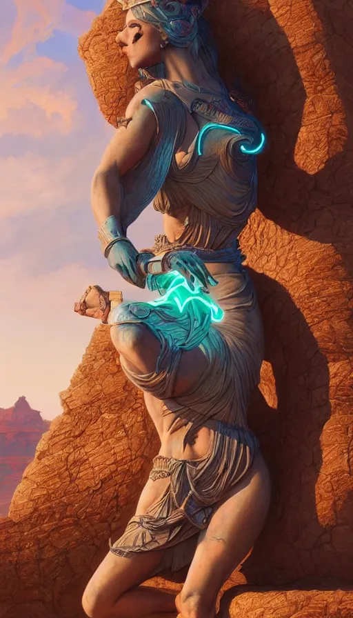 Prompt: giant stone monuments, statues across the desert, neon, tribal, goddess, academic action pose, fibonacci, sweat drops, insane, pinup, intricate, highly detailed, digital painting, artstation, concept art, smooth, sharp focus, illustration, Unreal Engine 5, 8K, art by artgerm and greg rutkowski and alphonse mucha