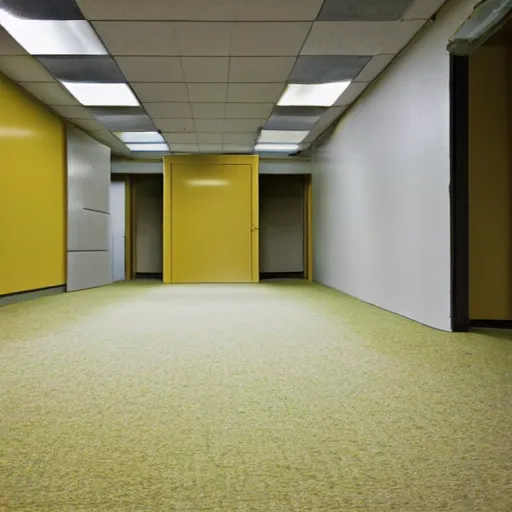 Image similar to Backrooms, old moist carpet, mono-yellow, fluorescent lights, randomly segmented rooms, eerie