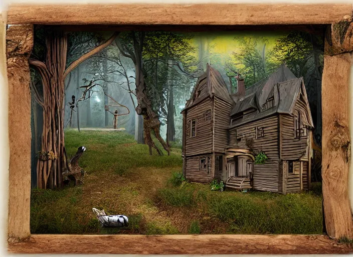 Image similar to simple folk art, house in the wood, mystical, lowbrow, matte painting, 3 - d highly detailed, in the style of ammi phillips,