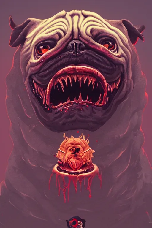 Image similar to demon pug eating flesh. art by mike winkelmann, sticker, illustration, highly detailed, artstation