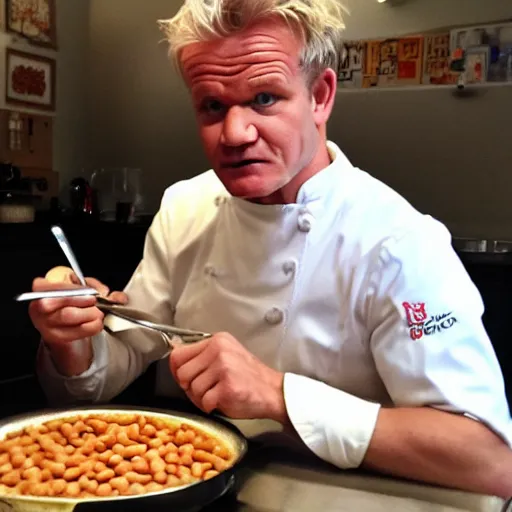 Prompt: Gordon Ramsey eating beans while children make fun of him