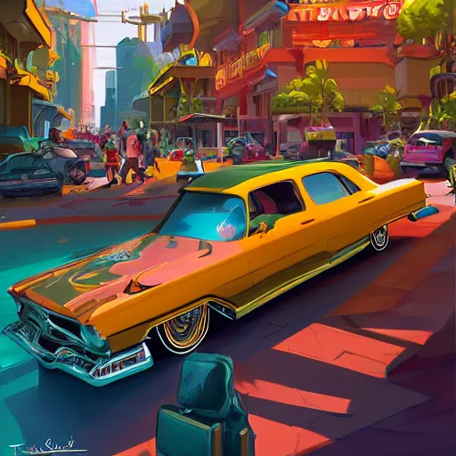 Prompt: swagger! lowrider culture, living large in the city by tyler edlin, editorial, bold colors, detailed, bold colors, incredible lighting, great composition, artstation