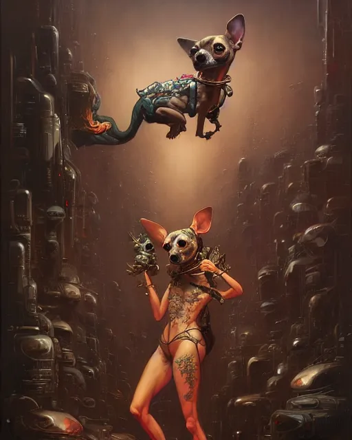 Image similar to rabid chihuahua fantasy character portrait, ultra realistic, wide angle, intricate details, blade runner artifacts, highly detailed by peter mohrbacher, boris vallejo, hajime sorayama aaron horkey, gaston bussiere, craig mullins