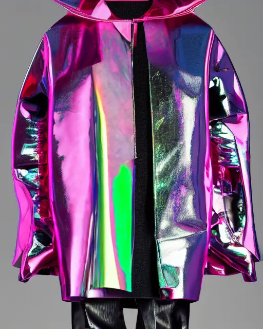 Image similar to an award winning fashion photograph of Balenciaga's techno jacket by Catherine Opie and Demna Gvasalia, cyberpunk, futuristic, Bladerunner 2049, dazzle camouflage!, chromatic, pearlescent, prismatic, dayglo pink, dayglo blue