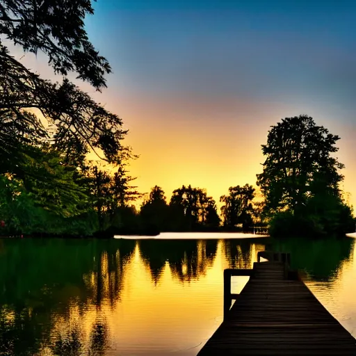 Image similar to a small dock on a quiet green lake, sunset, golden hour, beautiful lighting, peaceful, trees, high quality, high resolution