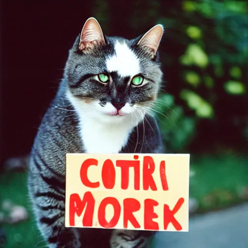 Image similar to cute cat holding sign kodak portra 4 0 0 color negative film