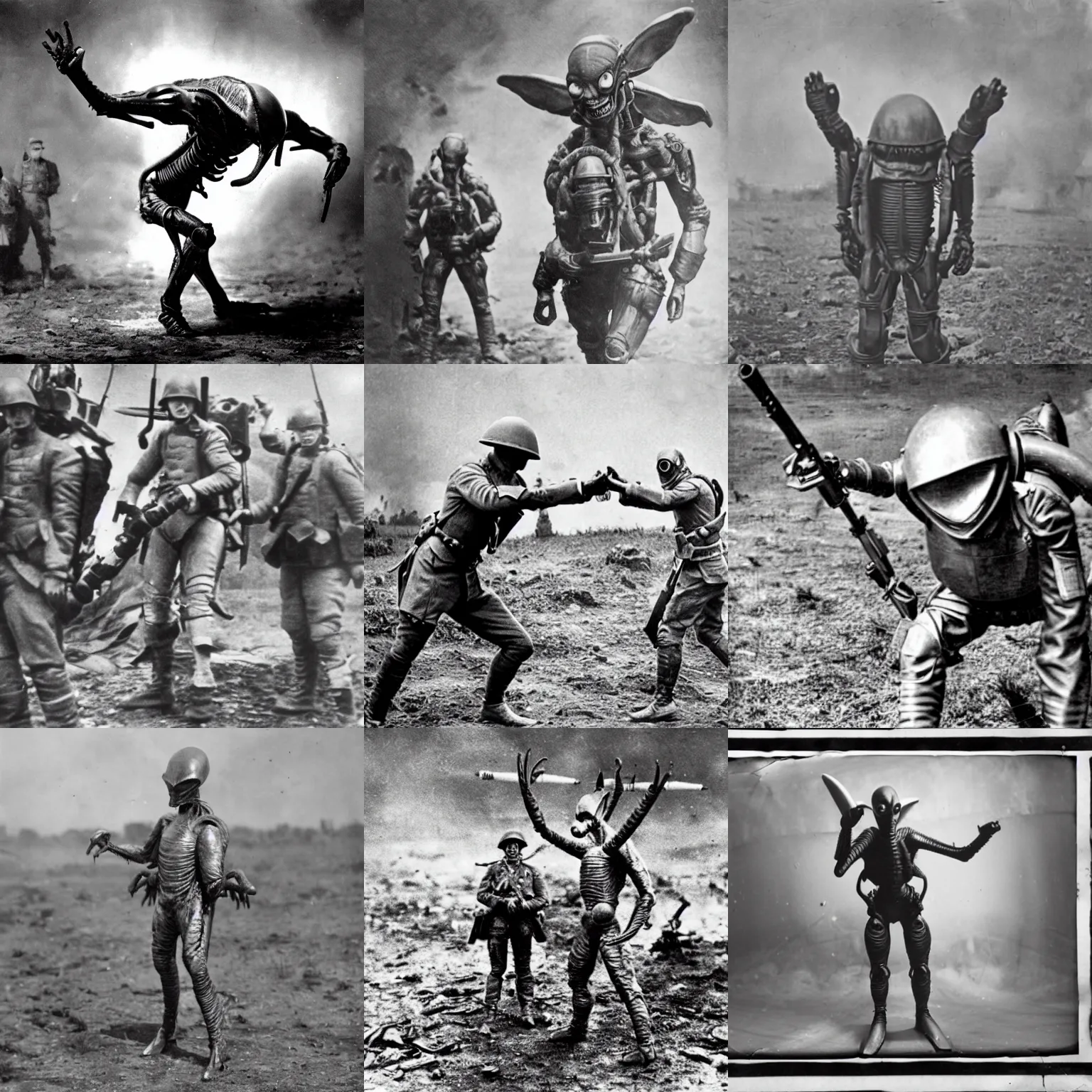 Prompt: an alien fighting in the 1st world war, photograph