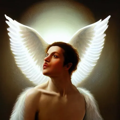 Prompt: highdetailed hyperrealistic painting of white angel!!! giant ball of miracle light from the chest!!!!!, white sparkles everywhere, 4 k hd fur face!!!, big wings nor cropped, the light passes through the body starting from the head, by caravaggio, holography space, glow effect, large strokes, white monochrome color, exclude all colors except white